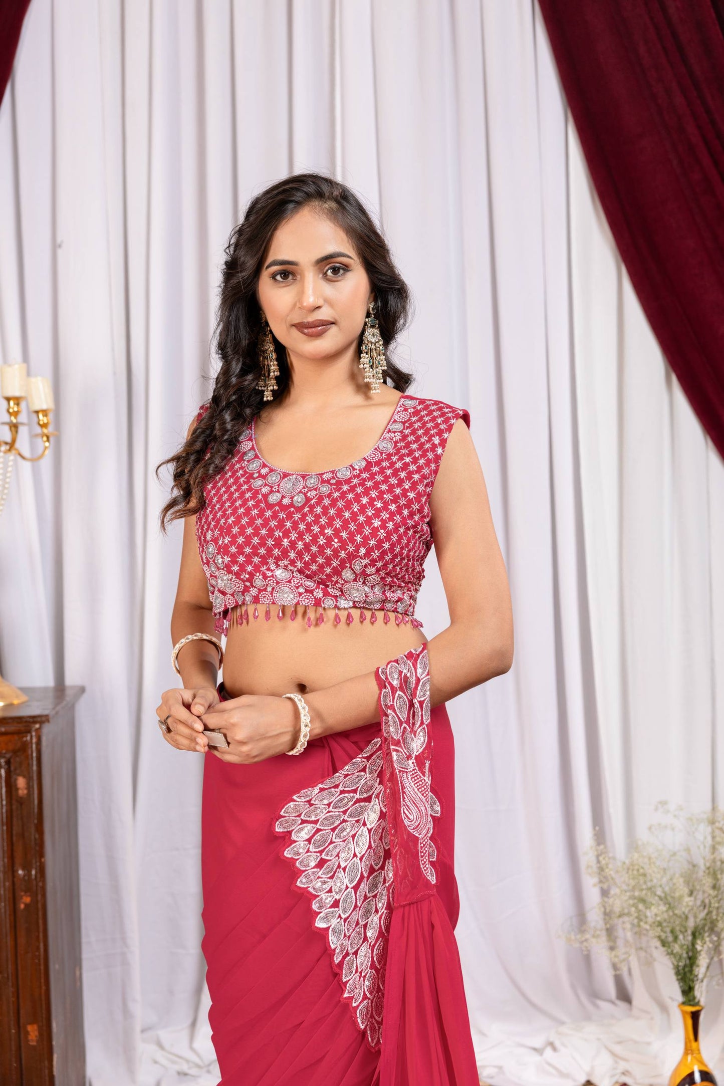 Women's Premium Faux Georgette Ready-to-Wear Saree with Fully Embroidered Designer Blouse | Party & Festive Wear