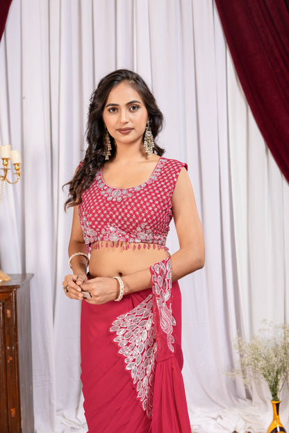 Women's Premium Faux Georgette Ready-to-Wear Saree with Fully Embroidered Designer Blouse | Party & Festive Wear