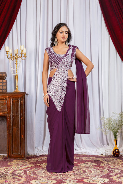 Women's Premium Faux Georgette Ready-to-Wear Saree with Fully Embroidered Designer Blouse | Party & Festive Wear