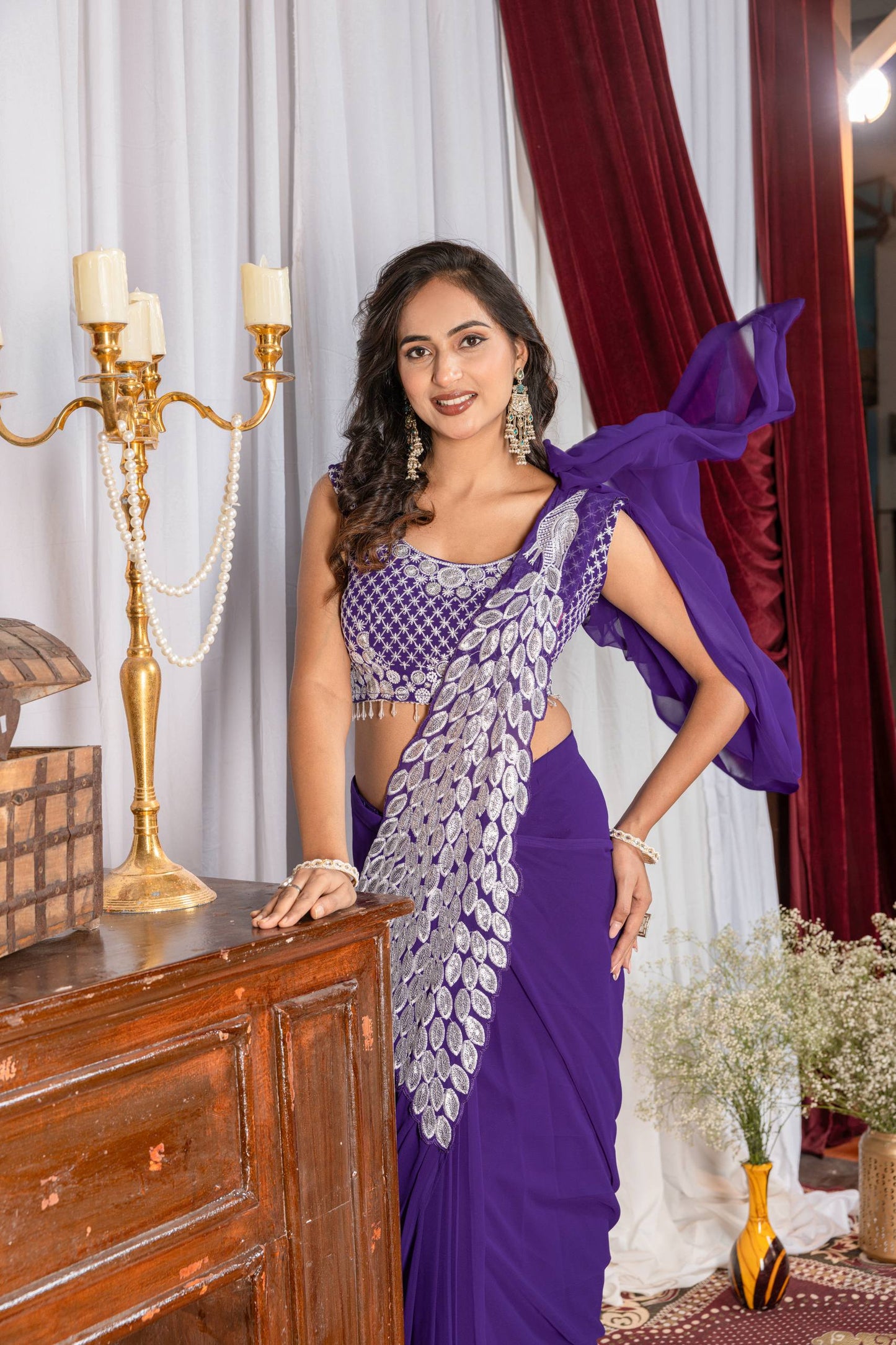 Women's Premium Faux Georgette Ready-to-Wear Saree with Fully Embroidered Designer Blouse | Party & Festive Wear