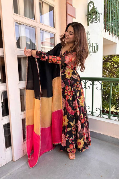 Sunayana Printed Tabby Organza Anarkali Suit Set