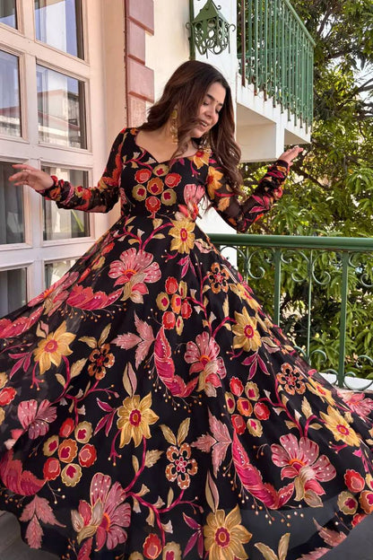 Sunayana Printed Tabby Organza Anarkali Suit Set