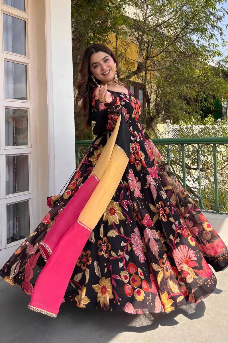 Sunayana Printed Tabby Organza Anarkali Suit Set