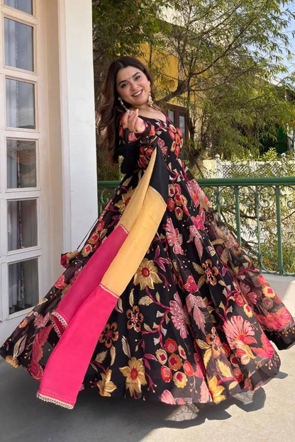 Sunayana Printed Tabby Organza Anarkali Suit Set