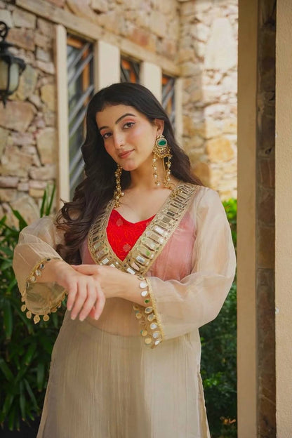Delightful Cream Colour Salsa Embroidery Mirror Work Suit