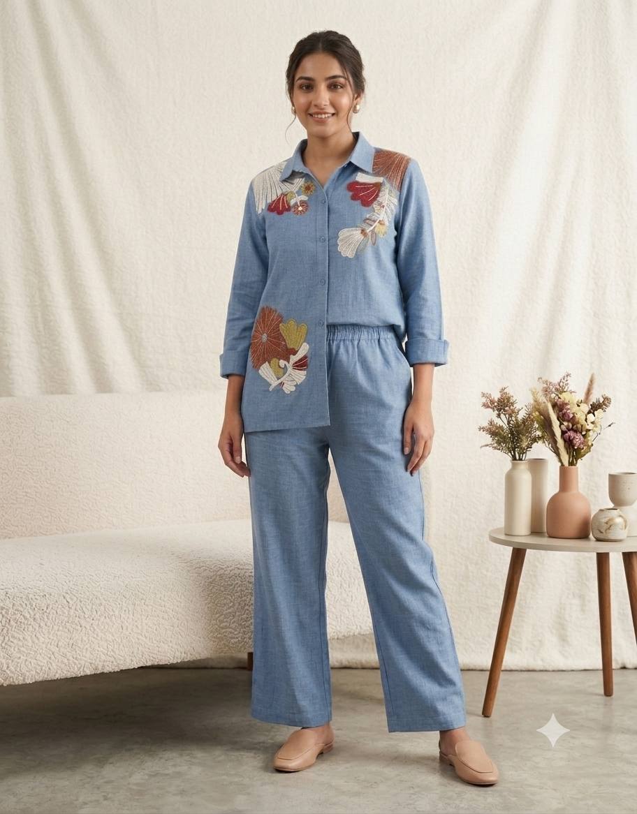 Alluring Blue Cotton Denim Co Ord Set with Sequence Embroidery For Daily Wear