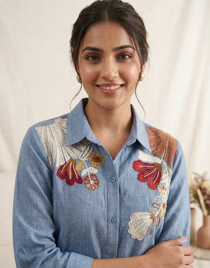 Alluring Blue Cotton Denim Co Ord Set with Sequence Embroidery For Daily Wear