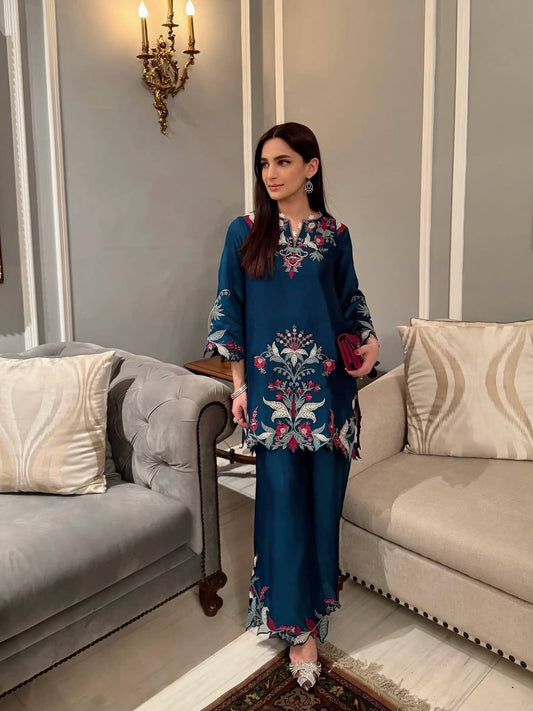 Portable Navy Blue Designer Embroidered Co Ord Set for Party Wear