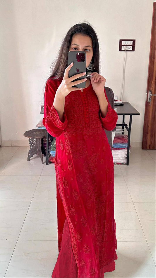 Red Georgette Embroidery Kurti Pant Set with Dupatta Designer Ethnic Wear Suit