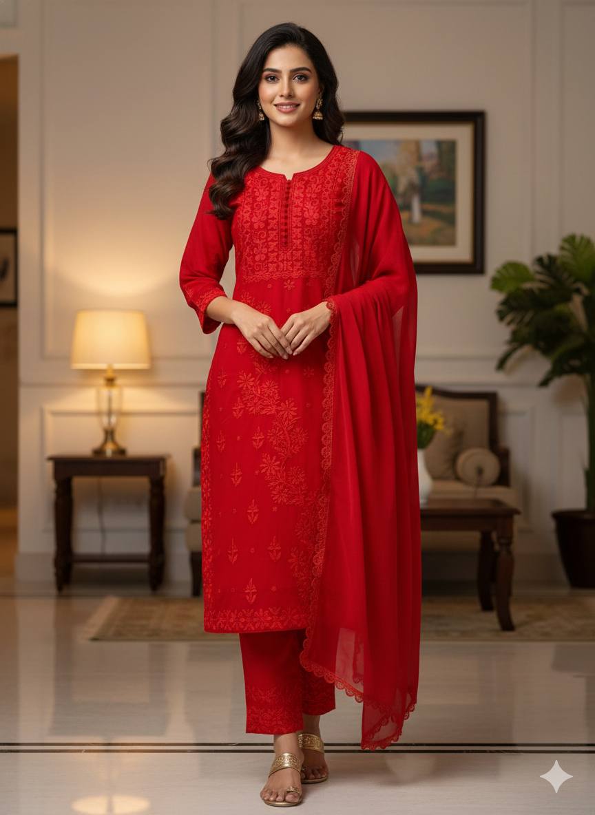 Red Georgette Embroidery Kurti Pant Set with Dupatta Designer Ethnic Wear Suit