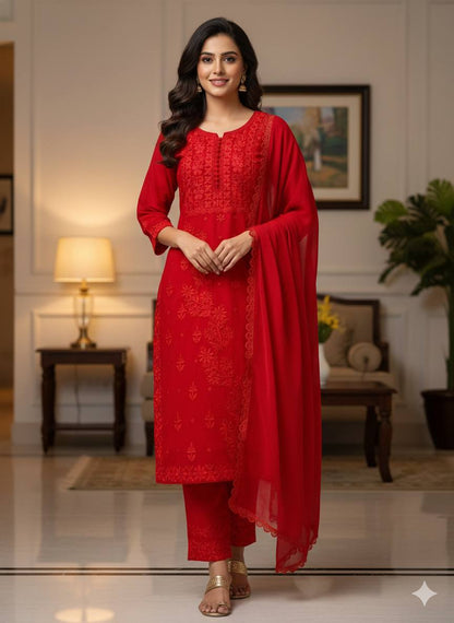 Red Georgette Embroidery Kurti Pant Set with Dupatta Designer Ethnic Wear Suit