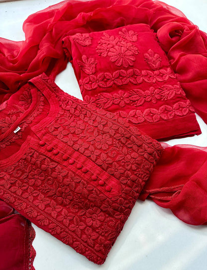 Red Georgette Embroidery Kurti Pant Set with Dupatta Designer Ethnic Wear Suit