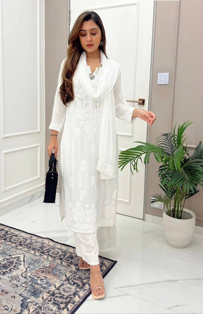 Muslin White Thread Embroidery work Kurta Plazo Dupatta Set