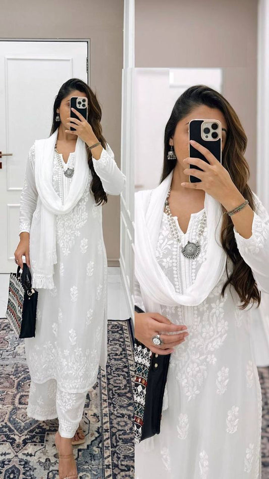 Muslin White Thread Embroidery work Kurta Plazo Dupatta Set