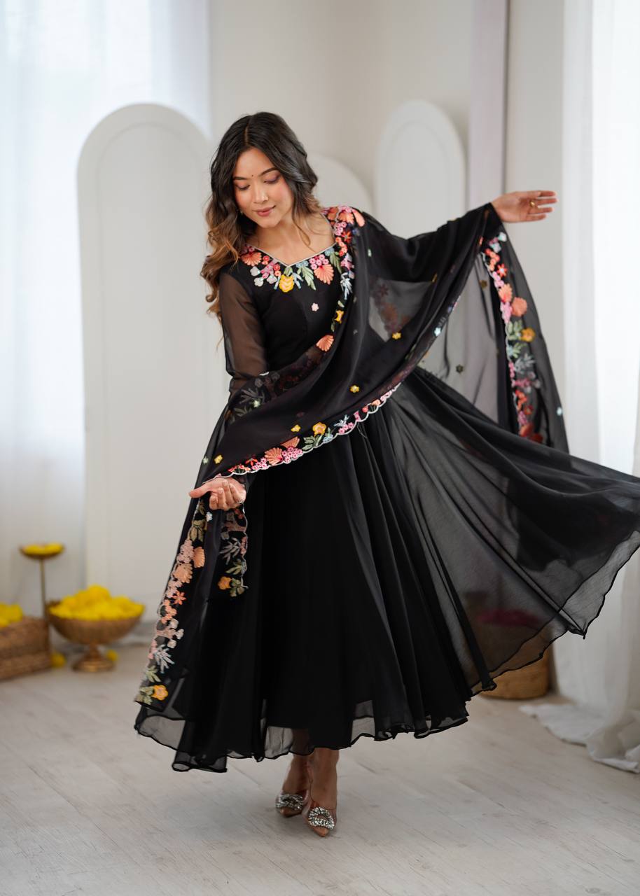 Majestic Georgette Anarkali Suits Set With Beautiful Embroidery Work For Party Wear Suits
