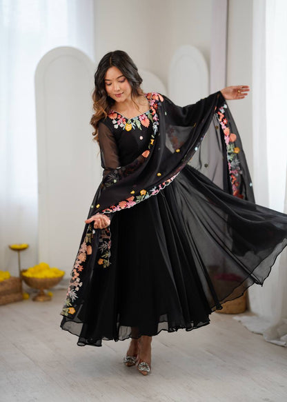 Majestic Georgette Anarkali Suits Set With Beautiful Embroidery Work For Party Wear Suits