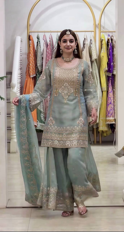 Pretty Dusty Blue Faux Georgette Thread Work Salwar Suit