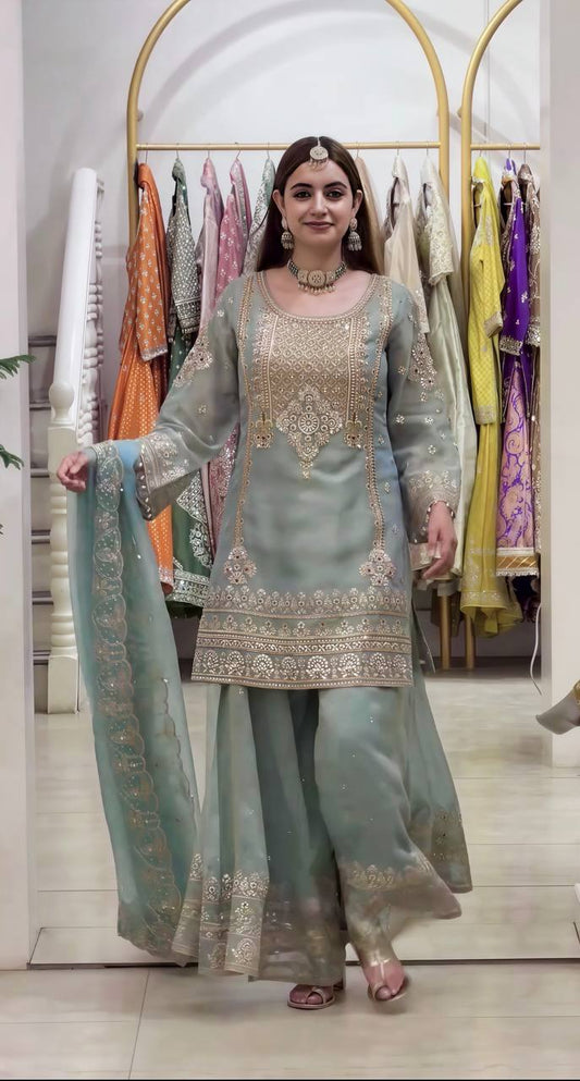 Pretty Dusty Blue Faux Georgette Thread Work Salwar Suit