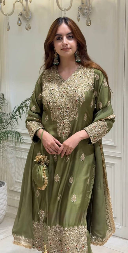 Green & Light Brown Color Party Wear Occasion Top & Palazzo or Pant