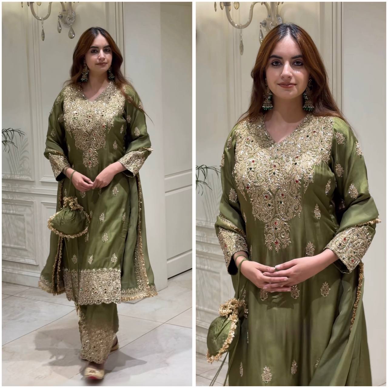 Green & Light Brown Color Party Wear Occasion Top & Palazzo or Pant