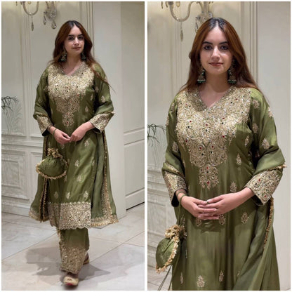 Green & Light Brown Color Party Wear Occasion Top & Palazzo or Pant