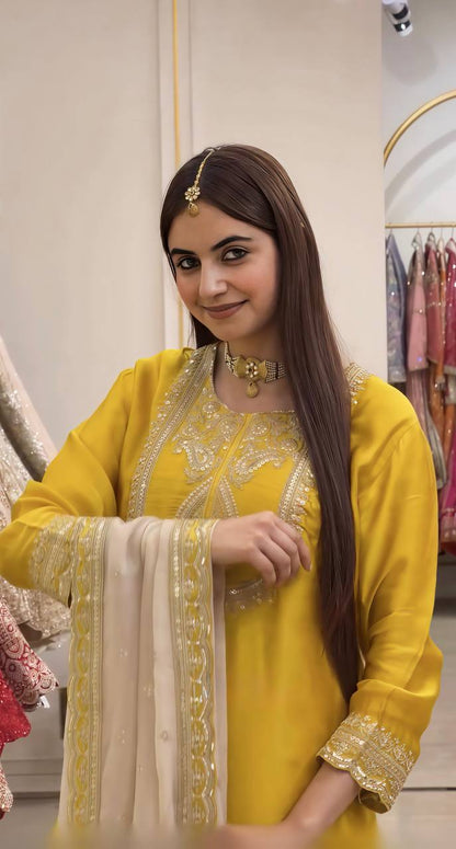 Women’s Mustard Yellow Embroidered Suit Set