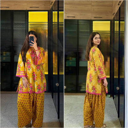 Premium Mustard Yellow Floral Printed Kurta Palazzo Set