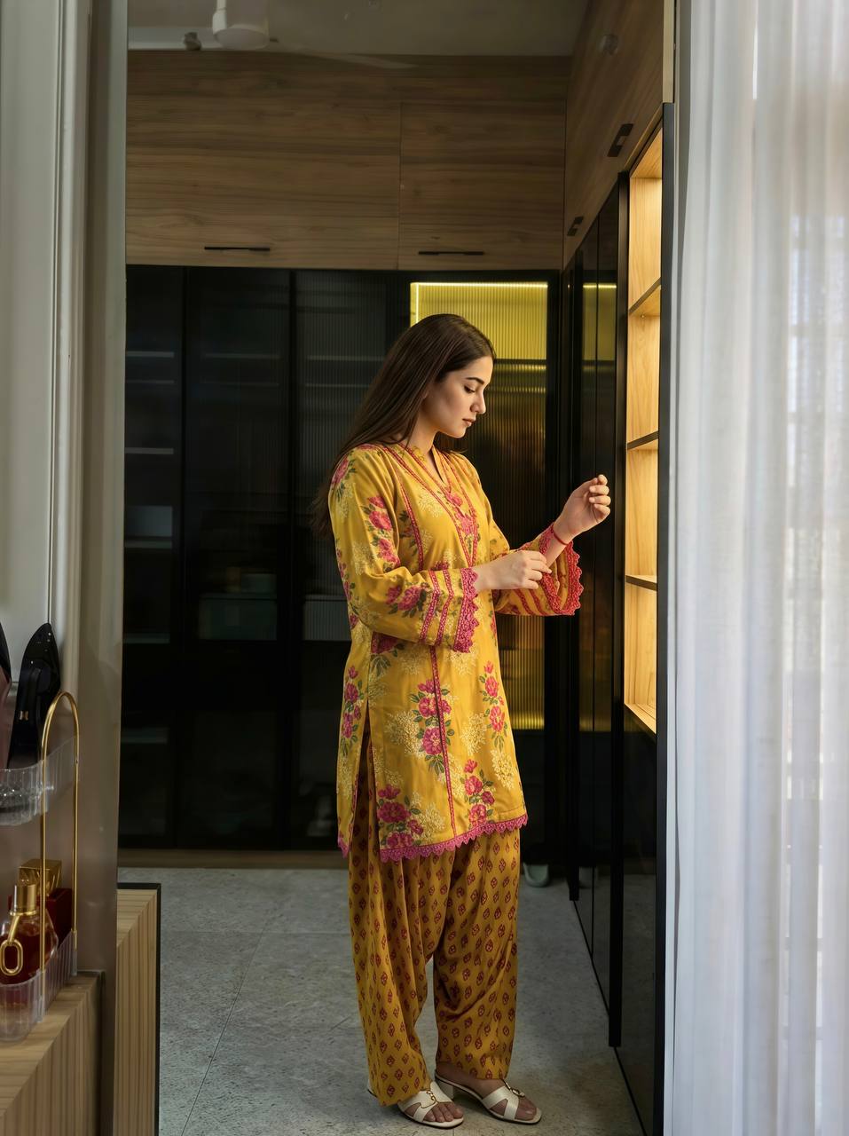 Premium Mustard Yellow Floral Printed Kurta Palazzo Set