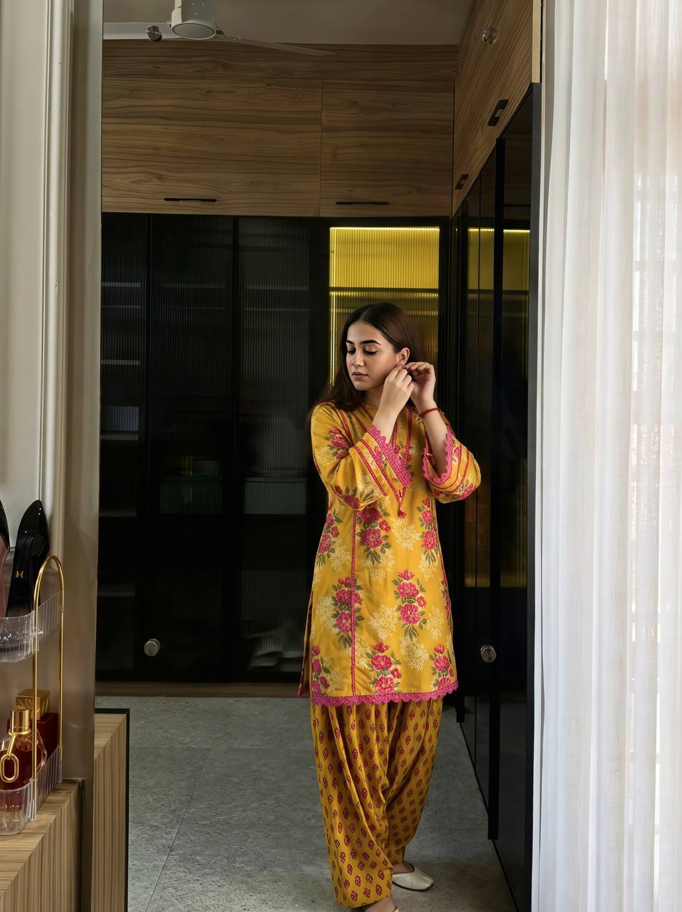 Premium Mustard Yellow Floral Printed Kurta Palazzo Set