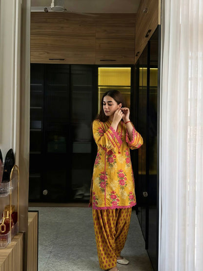 Premium Mustard Yellow Floral Printed Kurta Palazzo Set