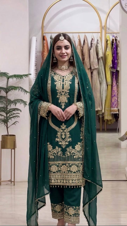 Women’s Dark Green Festive Suit Set | Embroidered Kurta, Pants & Dupatta