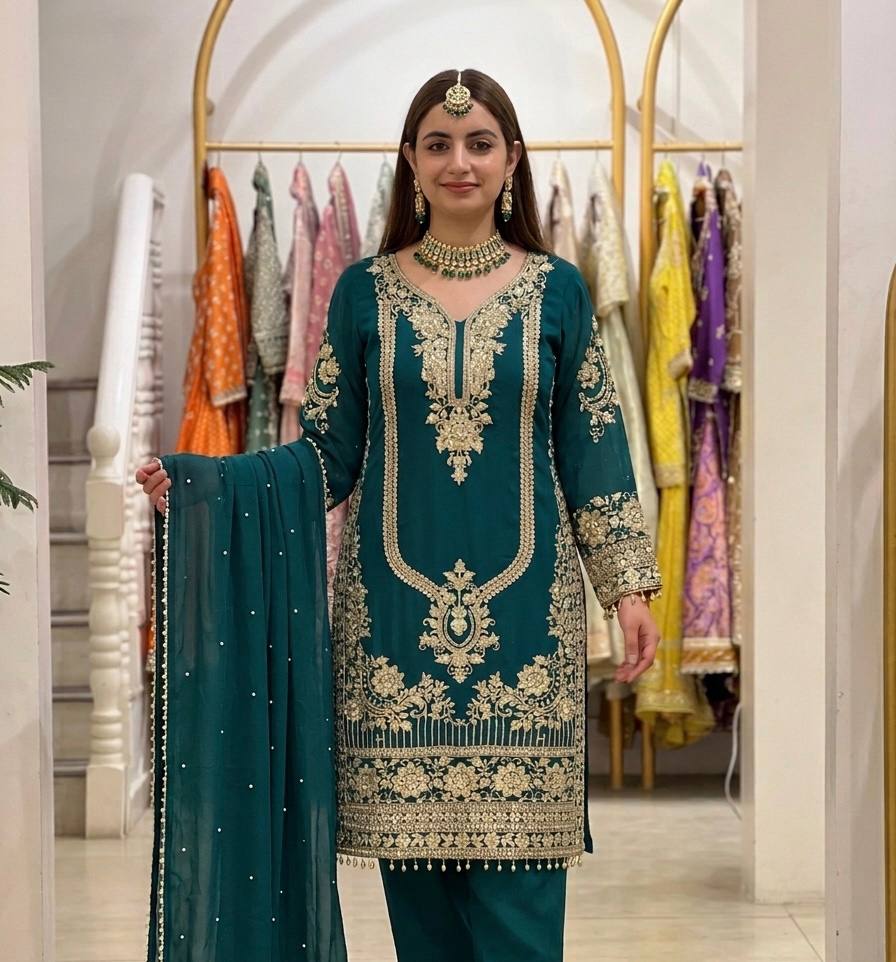 Women’s Dark Green Festive Suit Set | Embroidered Kurta, Pants & Dupatta