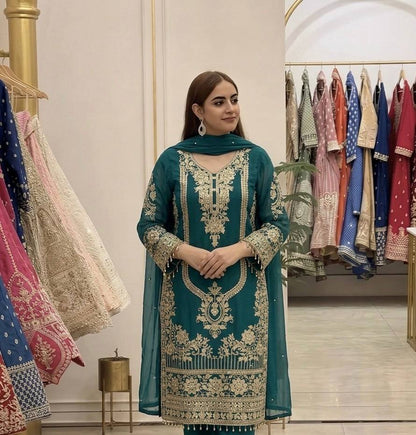 Women’s Dark Green Festive Suit Set | Embroidered Kurta, Pants & Dupatta