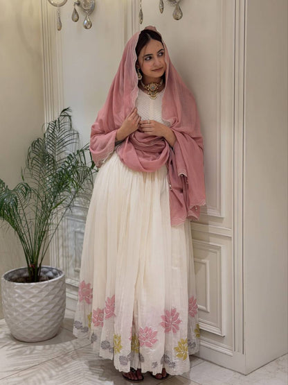 Elegant White Anarkali Dress with Pink Dupatta | Women’s Festive Wear