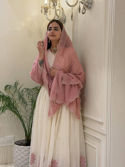 Elegant White Anarkali Dress with Pink Dupatta | Women’s Festive Wear