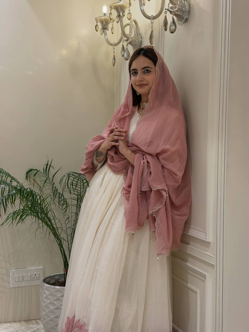 Elegant White Anarkali Dress with Pink Dupatta | Women’s Festive Wear