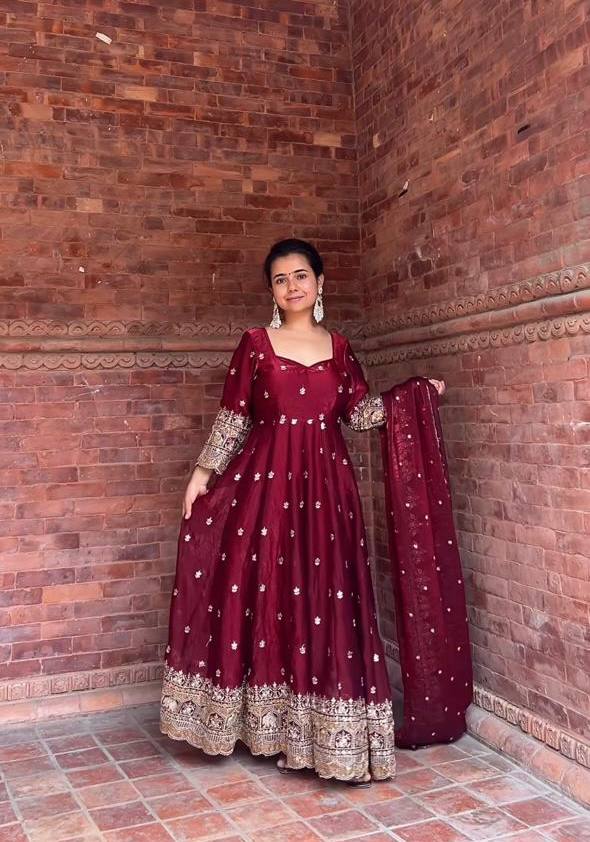 Royal Maroon Embroidered Anarkali Set – Perfect Wedding & Festive Wear