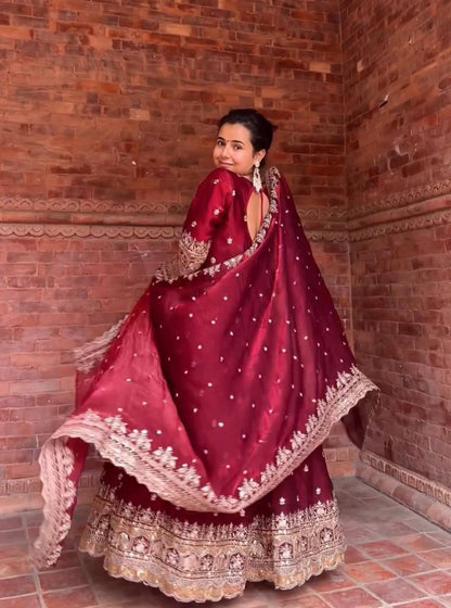 Royal Maroon Embroidered Anarkali Set – Perfect Wedding & Festive Wear