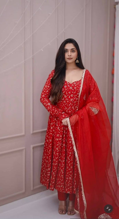 Red Blooming Georgette Embroidered Anarkali Suit Set with Dupatta