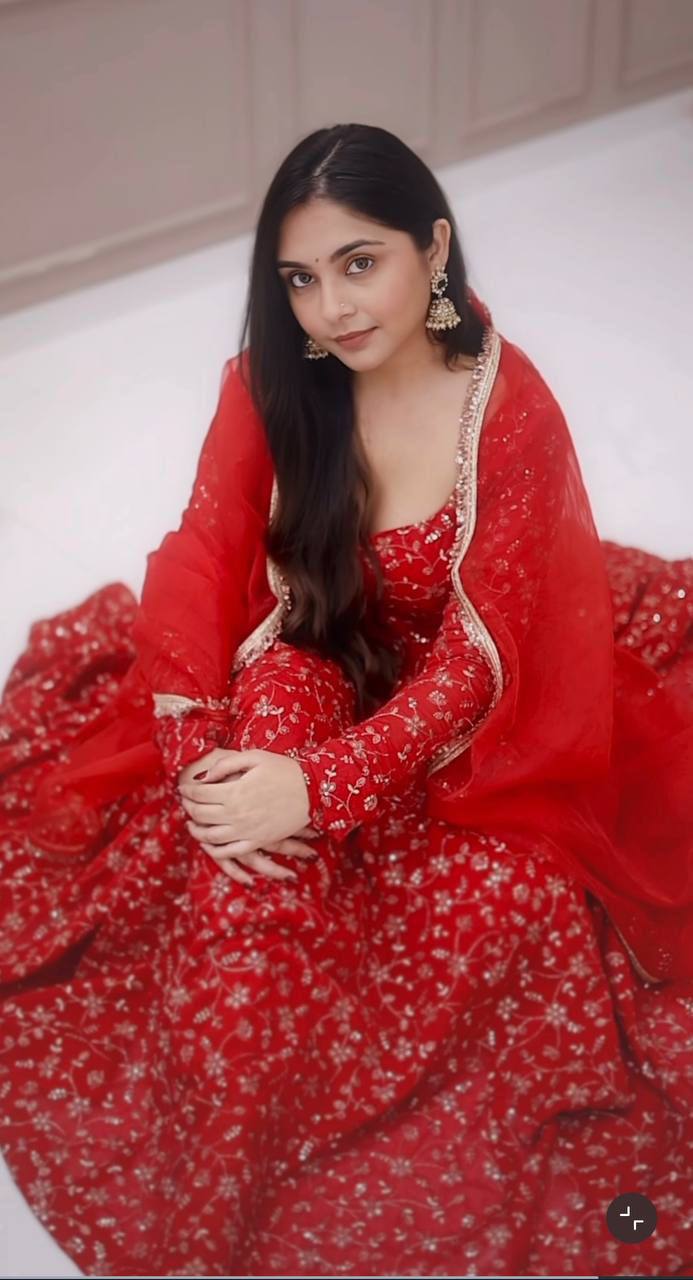 Red Blooming Georgette Embroidered Anarkali Suit Set with Dupatta