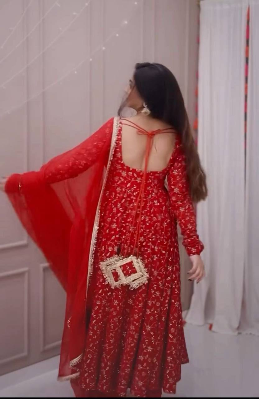 Red Blooming Georgette Embroidered Anarkali Suit Set with Dupatta