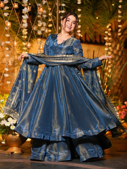 Teal Blue Metallic Tissue Silk Flared Anarkali Suit Set with Dupatta