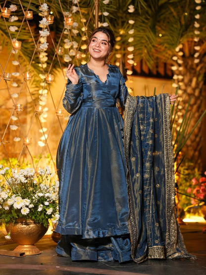 Teal Blue Metallic Tissue Silk Flared Anarkali Suit Set with Dupatta