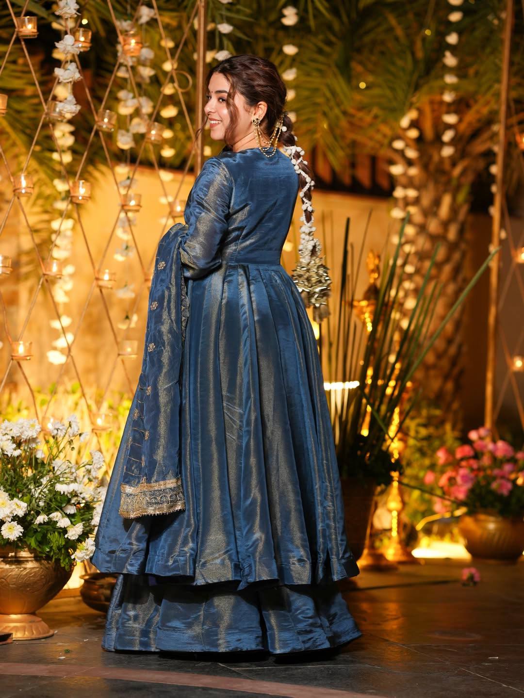 Teal Blue Metallic Tissue Silk Flared Anarkali Suit Set with Dupatta