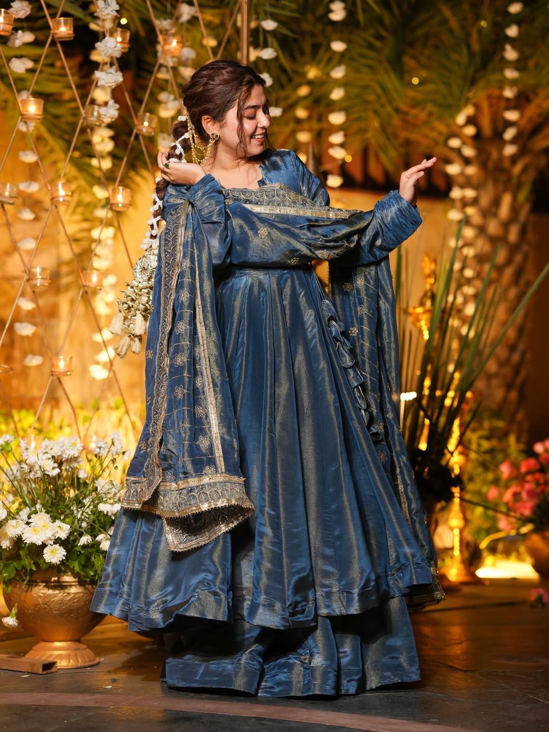 Teal Blue Metallic Tissue Silk Flared Anarkali Suit Set with Dupatta