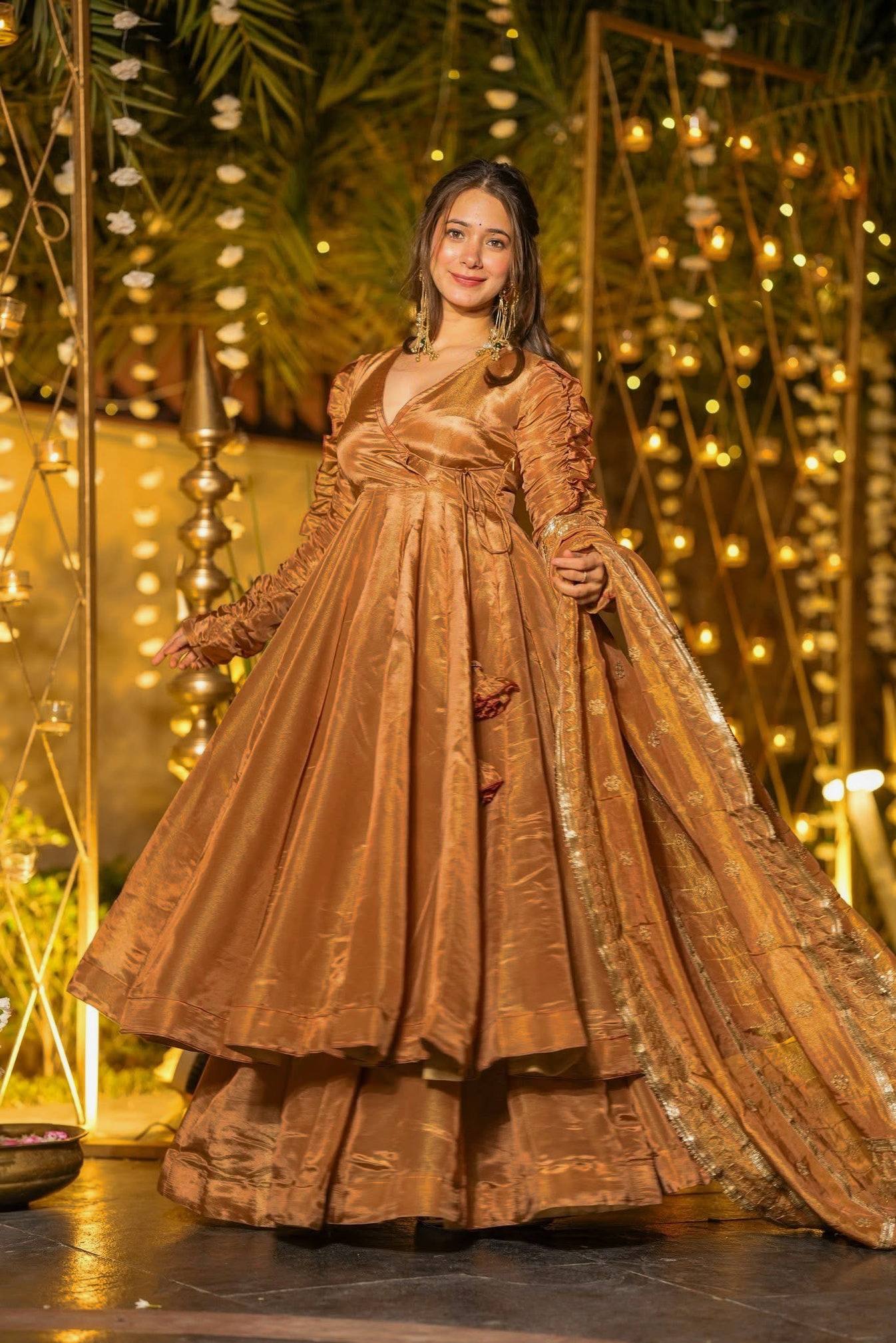 Bronze Metallic Tissue Silk Angrakha Anarkali Set with Dupatta