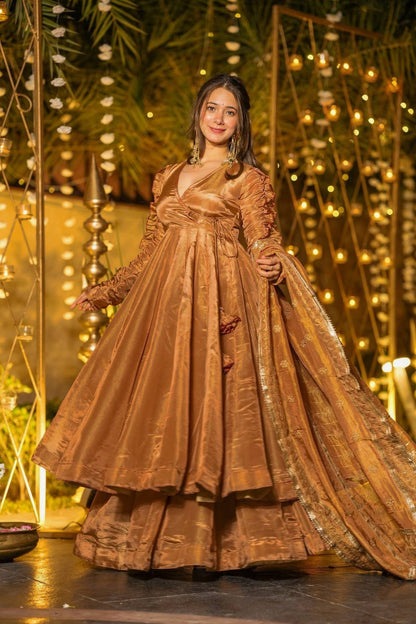 Bronze Metallic Tissue Silk Angrakha Anarkali Set with Dupatta