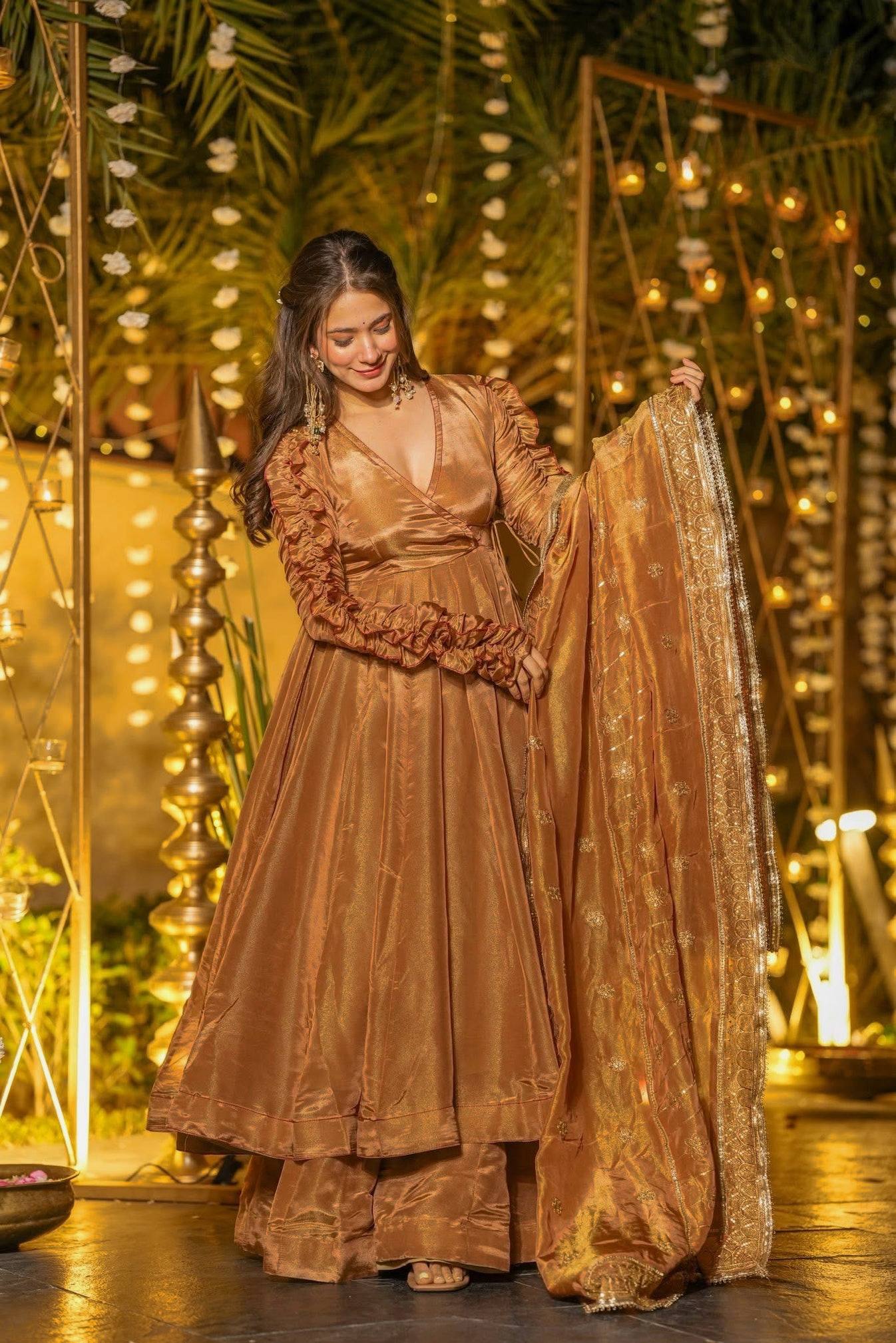 Bronze Metallic Tissue Silk Angrakha Anarkali Set with Dupatta