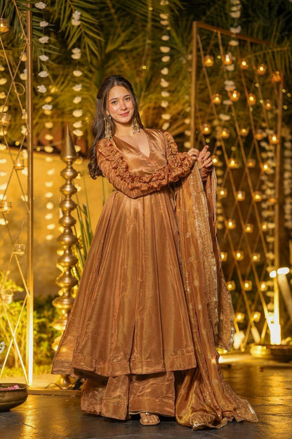 Bronze Metallic Tissue Silk Angrakha Anarkali Set with Dupatta