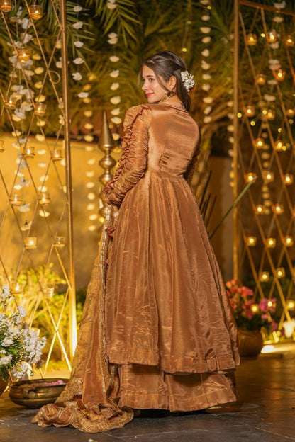 Bronze Metallic Tissue Silk Angrakha Anarkali Set with Dupatta